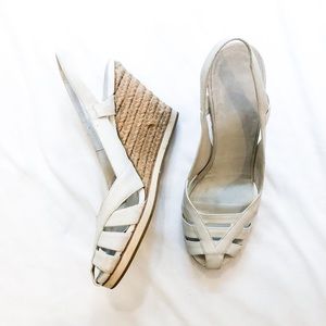 Jil Sander White Leather Raffia Wedge Sandals 40